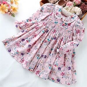 Elegant Pink Floral Kids Smocked Dress for Toddler Girls